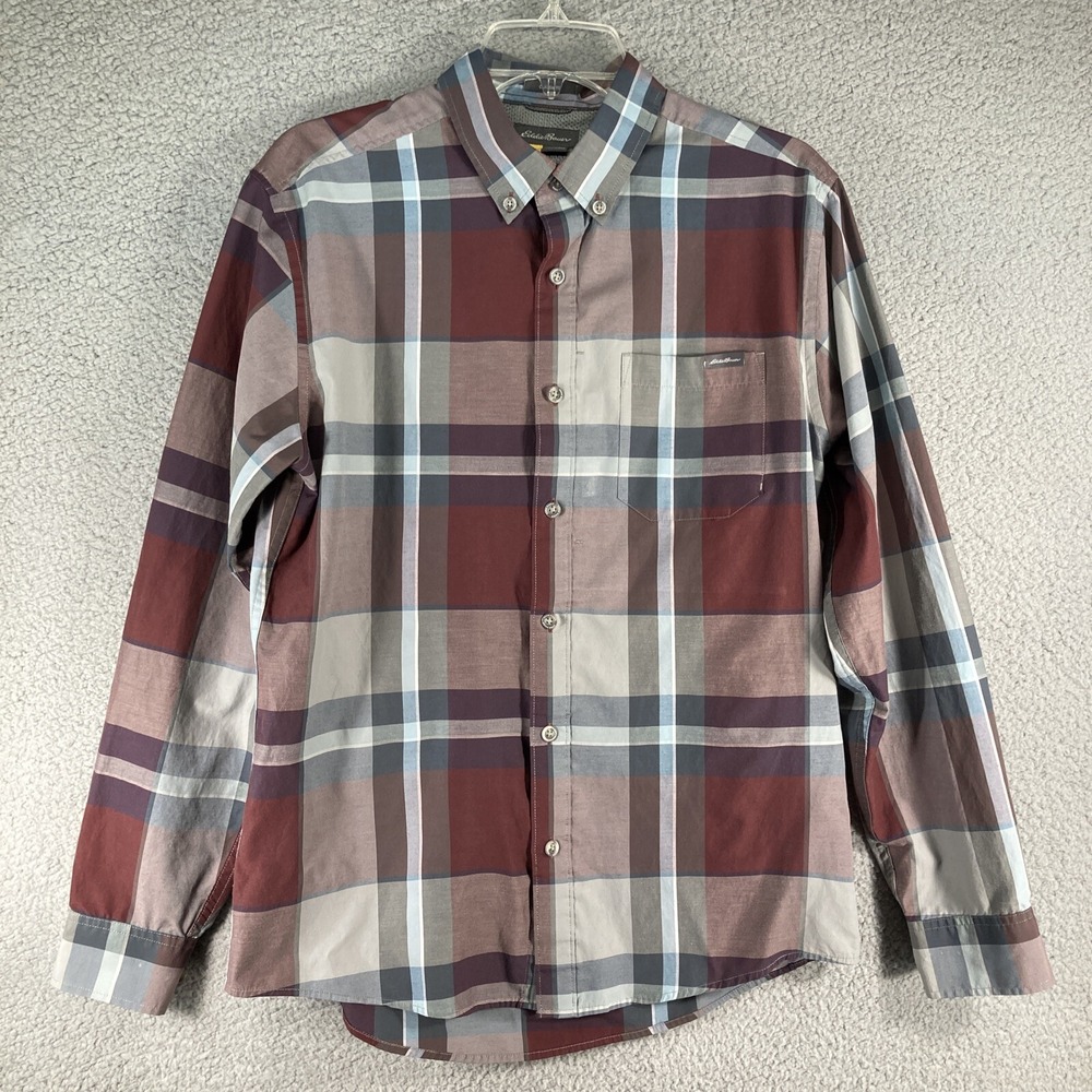 Eddie Bauer Button Down Shirt Mens M Burgundy Plaid Classic Fit Long Sleeve FLAW